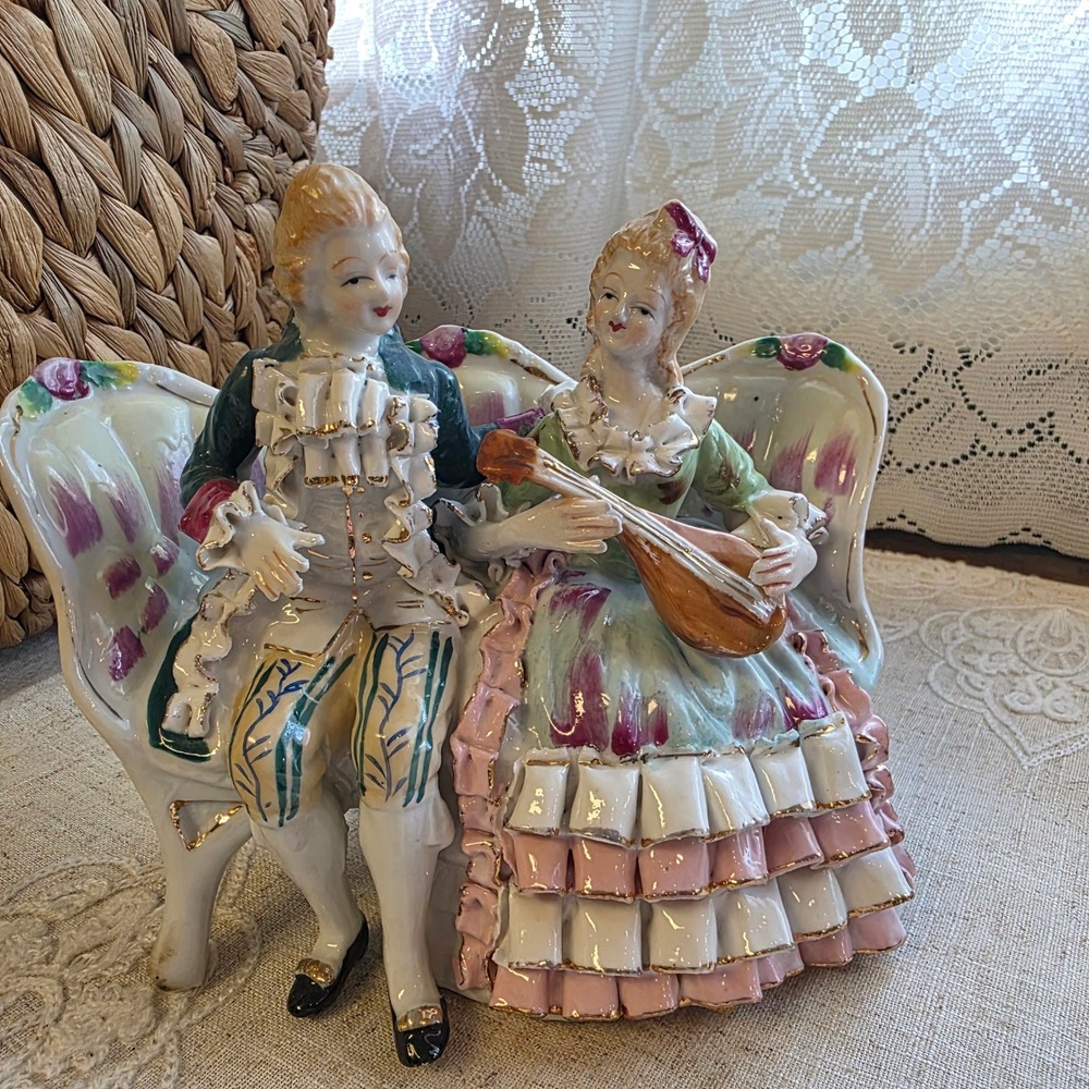 Bone China Figurine 6" Victorian Couple on Couch Settee Lute Hand Painted Italy